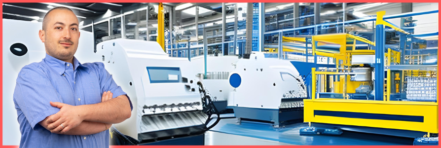 Immagine di una moderna fabbrica industriale automatizzata con operai e macchinari in funzione.